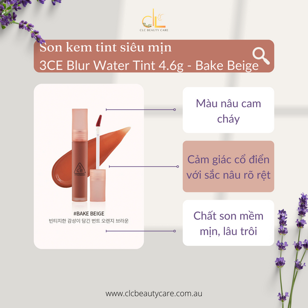 Son kem tint siêu mịn 3CE Blur Water Tint 4.6g - Bake Beige Nâu cam cháy