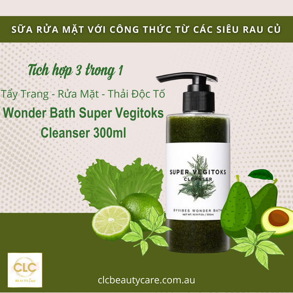 Sữa Rửa Mặt Rau Củ 3 in 1 Tẩy Trang, Rửa Mặt, Thải Độc Tố Wonder Bath Super Vegitoks Cleanser - Màu Xanh 300ml