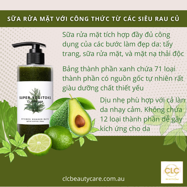 Sữa Rửa Mặt Rau Củ 3 in 1 Tẩy Trang, Rửa Mặt, Thải Độc Tố Wonder Bath Super Vegitoks Cleanser - Màu Xanh 300ml