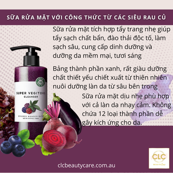 Sữa Rửa Mặt Rau Củ 3 in 1 Tẩy Trang, Rửa Mặt, Thải Độc Tố Wonder Bath Super Vegitoks Cleanser - Màu Tím 300ml