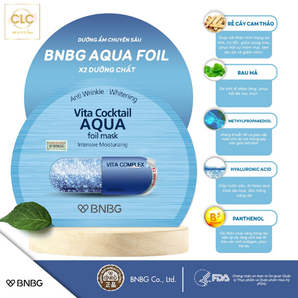 Mặt Nạ Giấy Bạc BNBG BANOBAGI Vita Cocktail Aqua Intensive Moisturizing Foil Mask 30ml - 3 Hộp 30 Masks