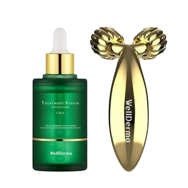 Bộ sản phẩm Wellderma Treatment Repair Ampoule Serum Cica gồm: Serum Cica và thanh lăn Roller