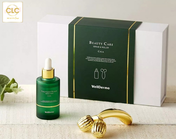 Bộ sản phẩm Wellderma Treatment Repair Ampoule Serum Cica gồm: Serum Cica và thanh lăn Roller