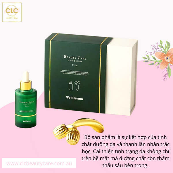 Bộ sản phẩm Wellderma Treatment Repair Ampoule Serum Cica gồm: Serum Cica và thanh lăn Roller