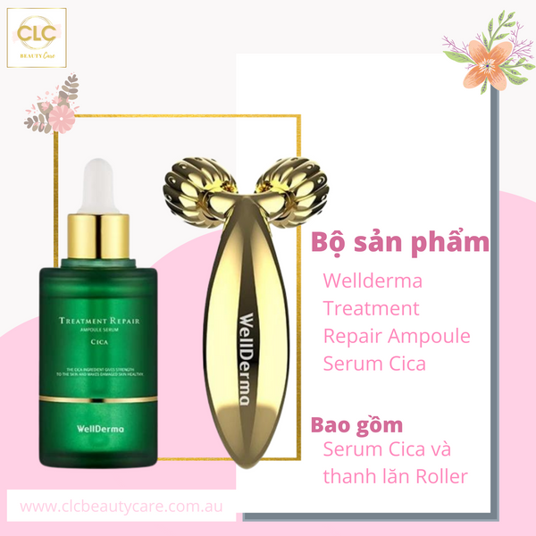 Bộ sản phẩm Wellderma Treatment Repair Ampoule Serum Cica gồm: Serum Cica và thanh lăn Roller